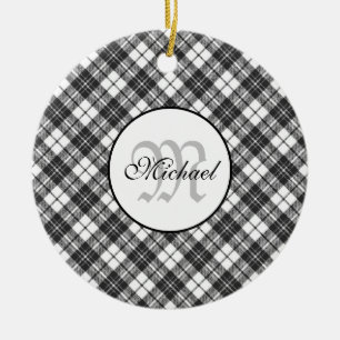 Tartan pattern Christmas black white Monogram Ceramic Ornament