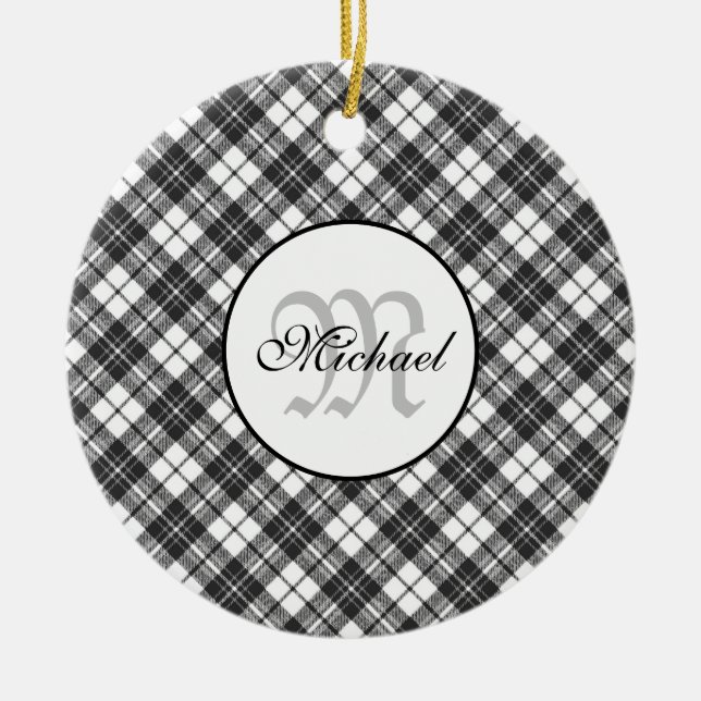 Tartan pattern Christmas black white Monogram Ceramic Ornament (Front)