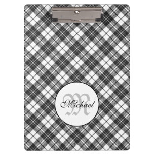 Tartan pattern Christmas black white Monogram Clipboard