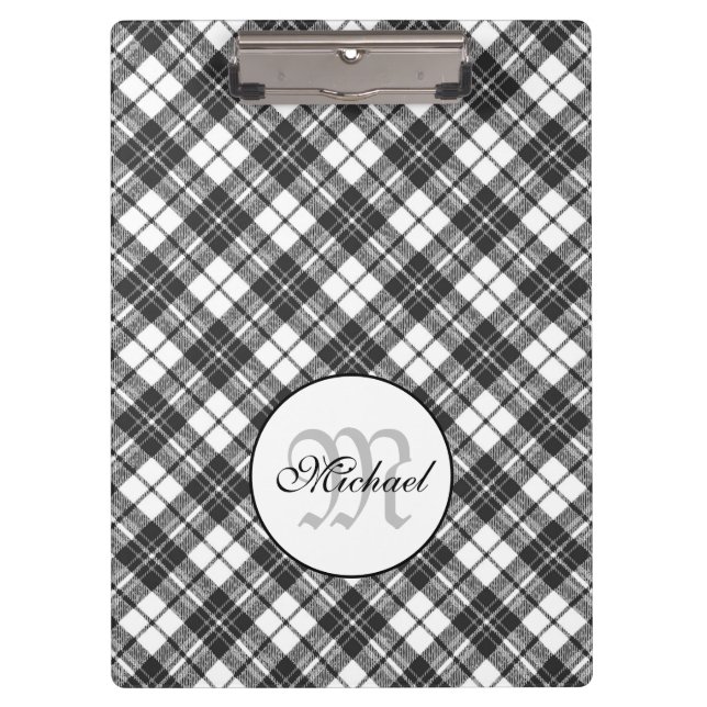 Tartan pattern Christmas black white Monogram Clipboard (Front)