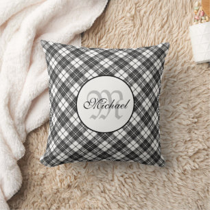Tartan pattern Christmas black white Monogram Cushion