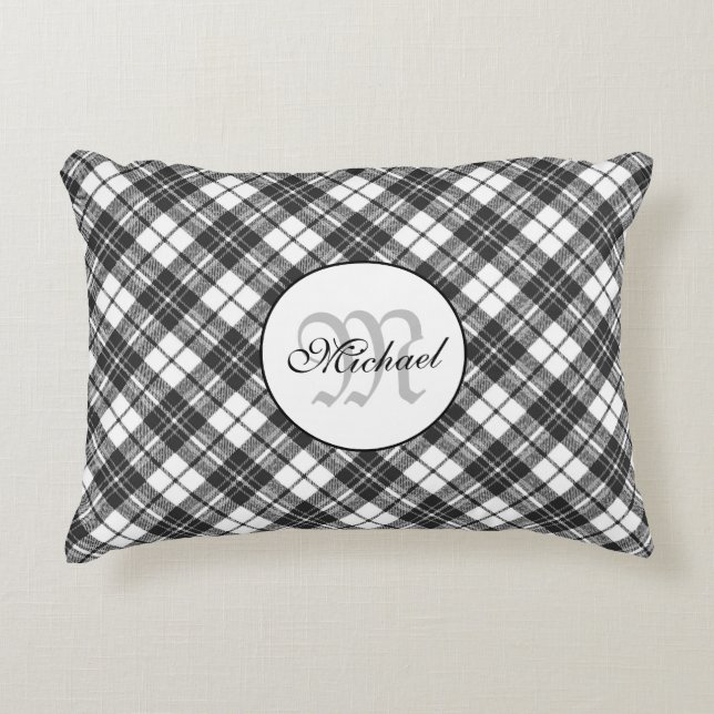 Tartan pattern Christmas black white Monogram Decorative Cushion (Front)