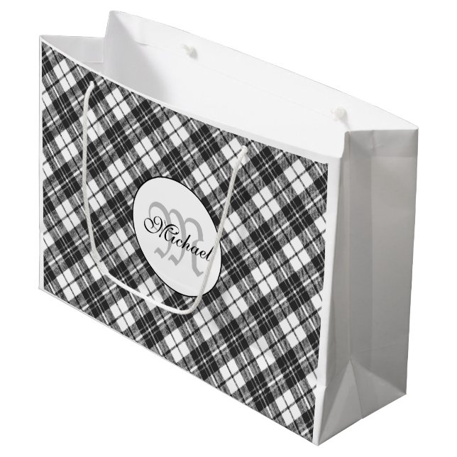 Tartan pattern Christmas black white Monogram Large Gift Bag (Front Angled)
