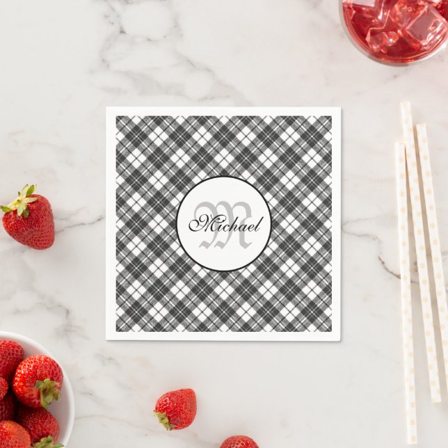 Tartan pattern Christmas black white Monogram Napkin (Insitu)