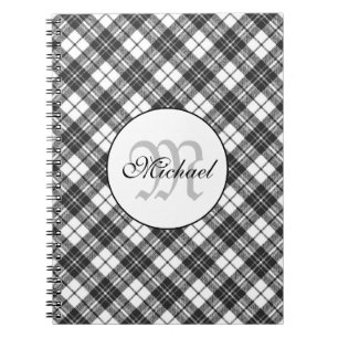 Tartan pattern Christmas black white Monogram Notebook