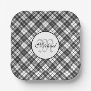 Tartan pattern Christmas black white Monogram Paper Plate