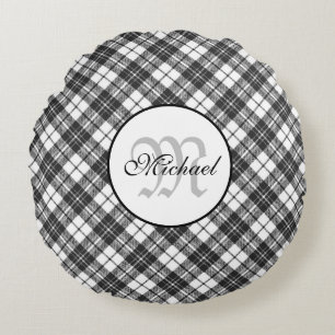 Tartan pattern Christmas black white Monogram Round Cushion
