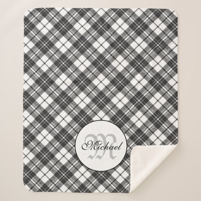 Tartan pattern Christmas black white Monogram Sherpa Blanket (Front)