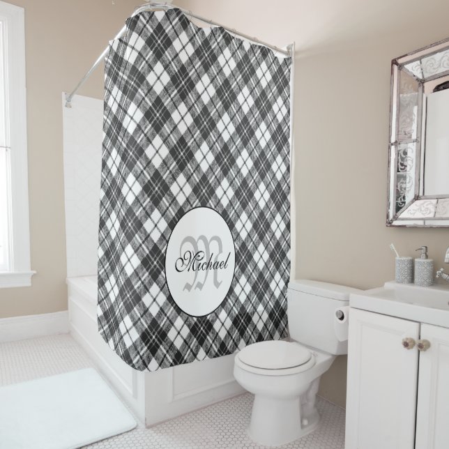Tartan pattern Christmas black white Monogram Shower Curtain (In Situ)