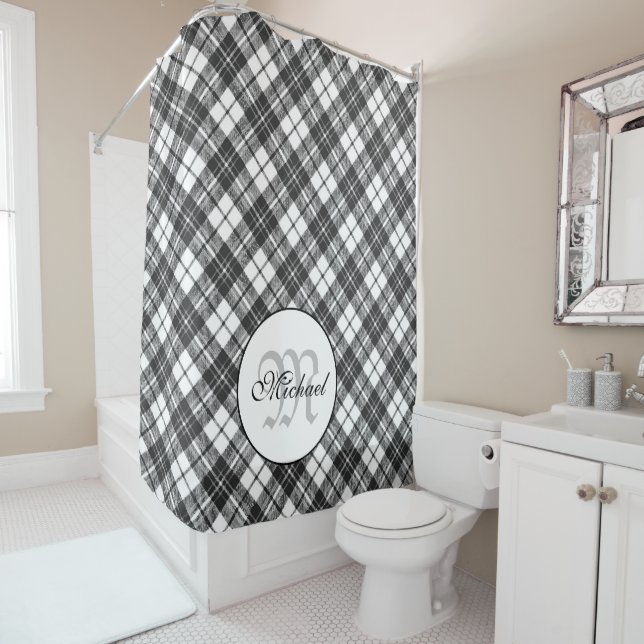 Tartan pattern Christmas black white Monogram Shower Curtain (In Situ)