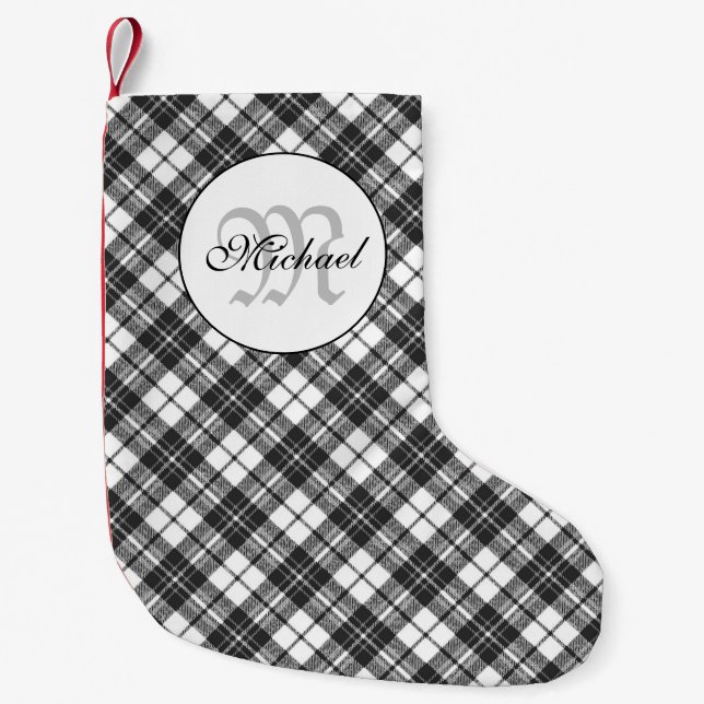 Tartan pattern Christmas black white Monogram Small Christmas Stocking (Front)