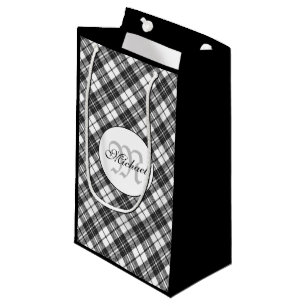 Tartan pattern Christmas black white Monogram Small Gift Bag