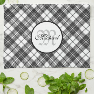 Tartan pattern Christmas black white Monogram Tea Towel