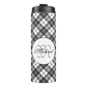 Tartan pattern Christmas black white Monogram Thermal Tumbler