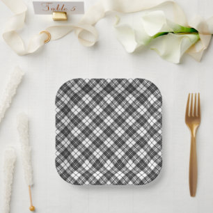 Tartan pattern holidays Christmas black white Paper Plate
