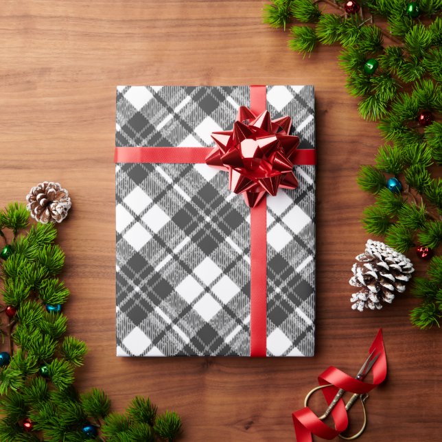 Tartan pattern holidays Christmas black white Wrapping Paper (Holiday Gift)