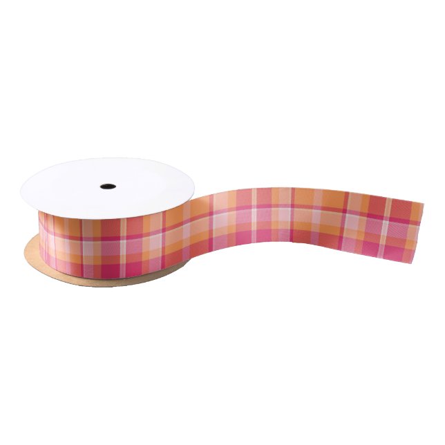 Tartan Pattern Orange and Pink ID210 Satin Ribbon (Spool)
