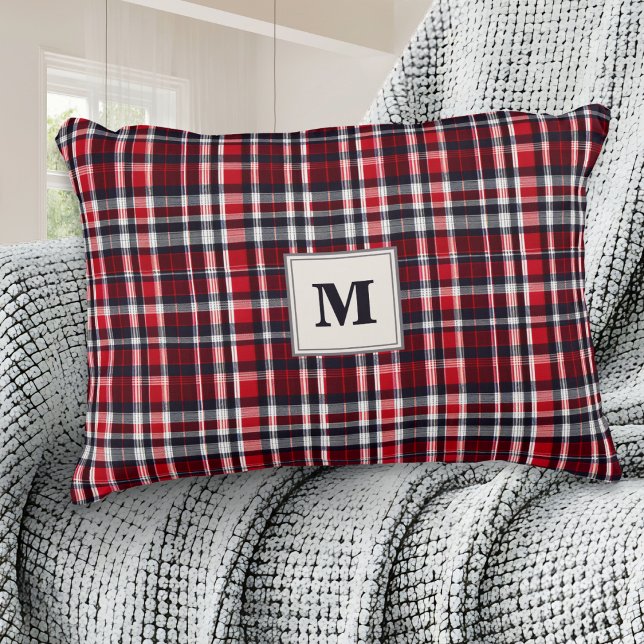 Tartan Pattern Red Plaid Christmas Monogrammed Decorative Cushion (A stylish monogrammed pillow, with tartan plaid pattern in red, gray and white)