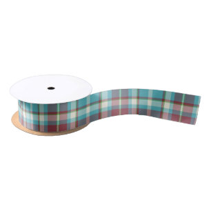 Tartan Pattern Turquoise and Red ID210 Satin Ribbon