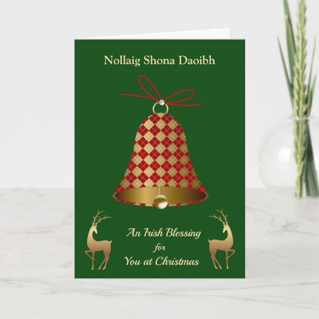 Tartan patterned Christmas bell, reindeer Irish Holiday Card (Front)
