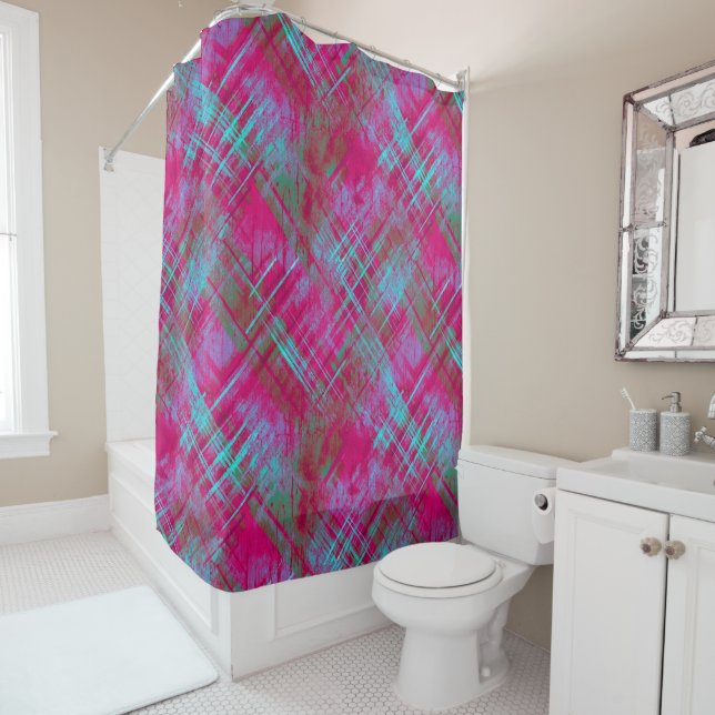 Tartan Pink Purple Aqua Plaid Bathroom  Shower Curtain (In Situ)