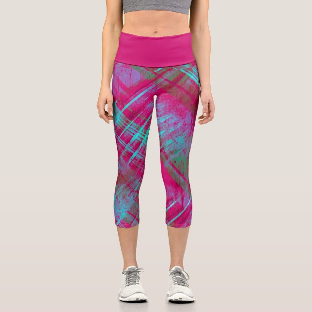 Tartan Pink Purple Aqua Plaid Pink Waistband  Capri Leggings (Front)