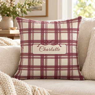 Tartan Plaid Burgundy Cream Bow Name Cushion
