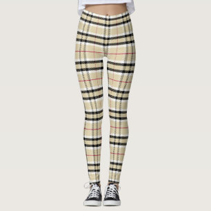 Tartan Plaid Chequered Pattern Leggings in Beige