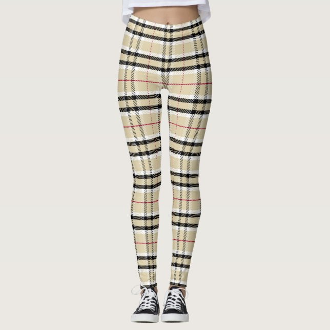 Tartan Plaid Chequered Pattern Leggings in Beige (Front)