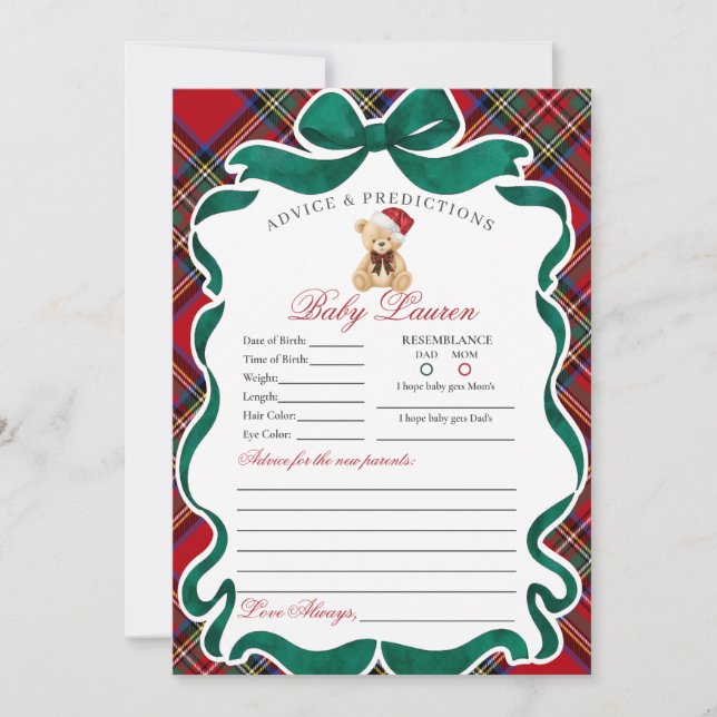Tartan Plaid Christmas Bear Advice for Baby Card (Front)