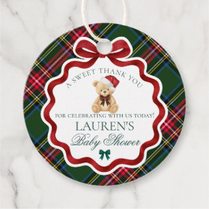 Tartan Plaid Christmas Bear Baby Shower Circle Favour Tags