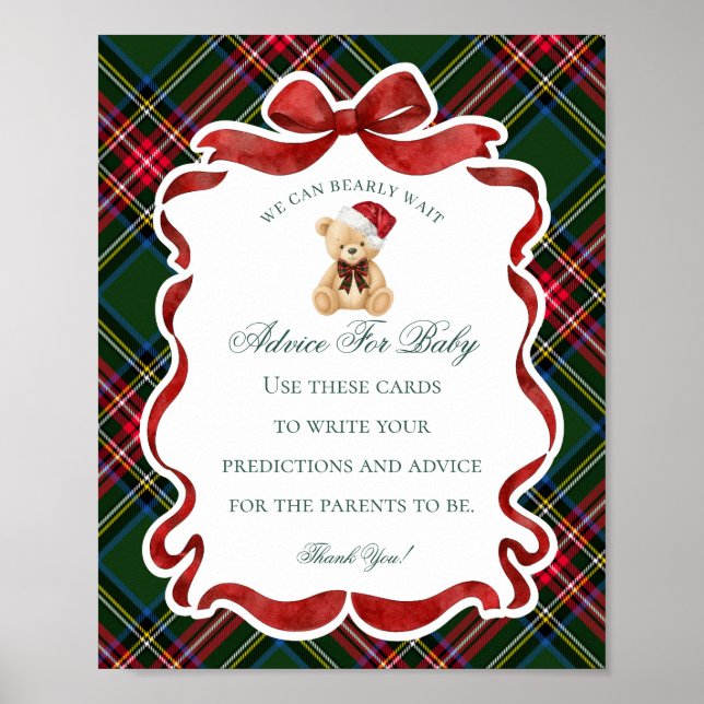 Tartan Plaid Christmas Bear Shower Advice for Baby Poster (Front)