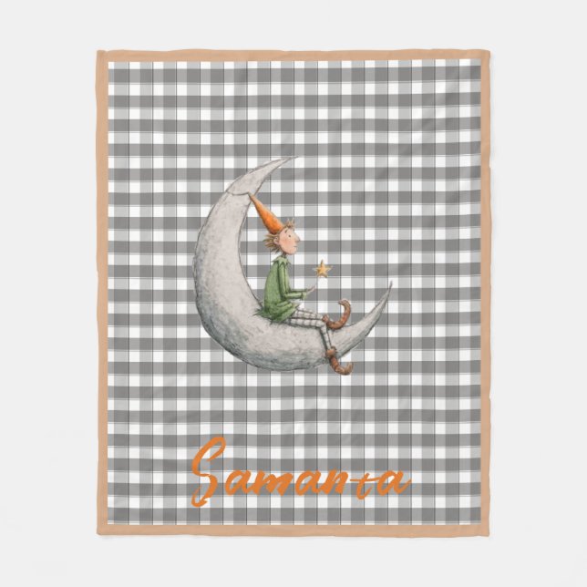 Tartan plaid christmas elf grey white name fleece blanket (Front)