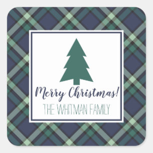 Tartan Plaid Christmas, Navy and Green Holiday Square Sticker