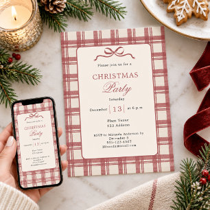Tartan Plaid Cream Red Bow Christmas Party Invitation