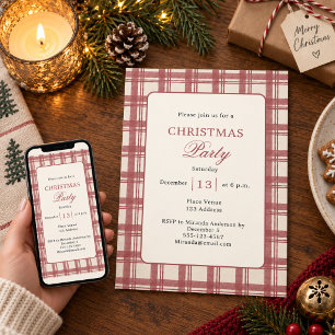 Tartan Plaid Cream Red Christmas Party Invitation