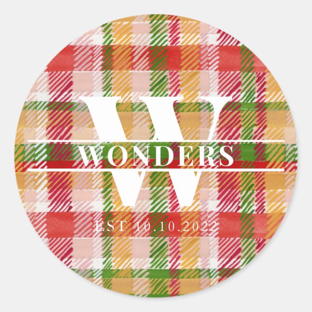 Tartan Plaid Custom Monogrammed Event Theme Classic Round Sticker (Front)