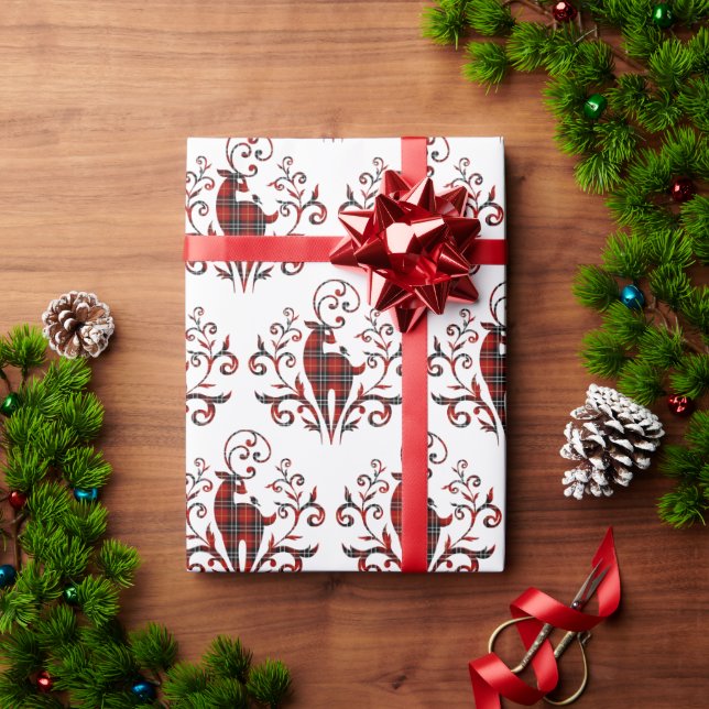 Tartan Plaid Deer Design On White Wrapping Paper (Holiday Gift)