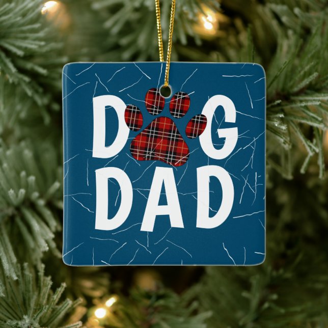 Tartan Plaid Dog Dad Pawprint Ceramic Ornament (Tree)