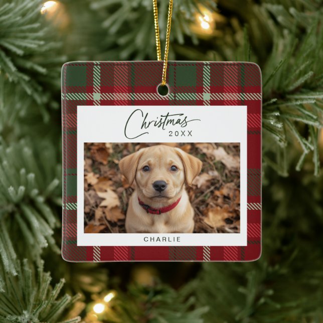 Tartan Plaid Dog Photo Christmas Ceramic Ornament (Tree)