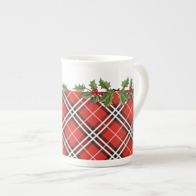 Tartan Plaid & Holly Bone China Christmas Mug (Front Right)
