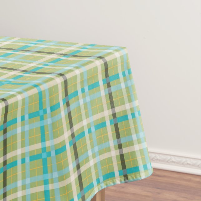 Tartan Plaid in Green, Aqua, Black, Cream, Yellow Tablecloth (In Situ)