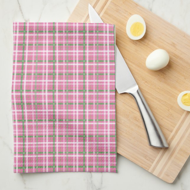 Tartan Plaid in Pink, Green, and White Tea Towel (Quarter Fold)