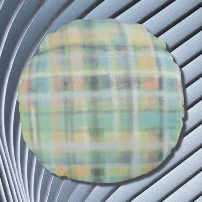 Tartan plaid modern pastel grey green blue yellow  round cushion (Creator Uploaded)