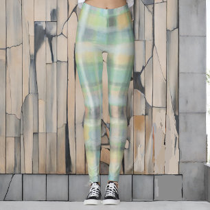 Tartan plaid modern pastel yellow cyan grey green leggings