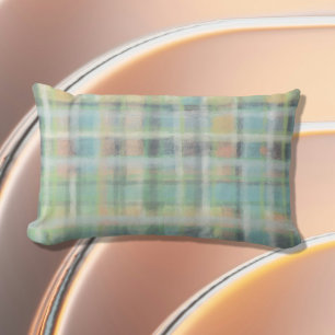 Tartan plaid modern pastel yellow cyan grey green  lumbar cushion