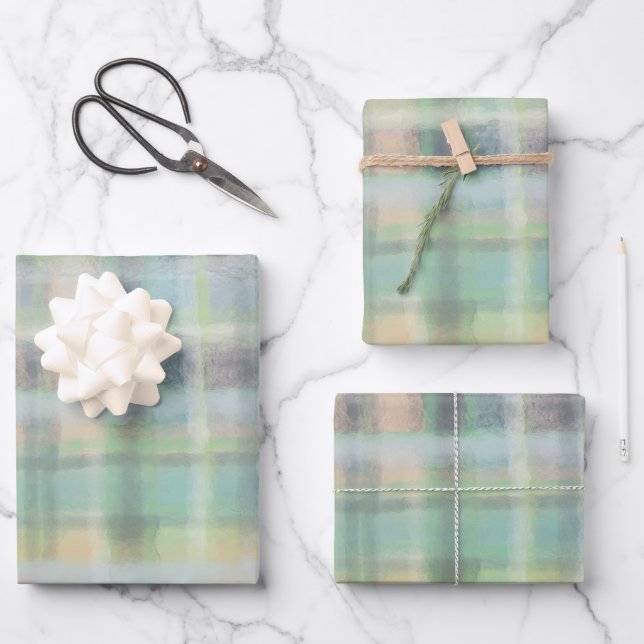 Tartan plaid modern pastel yellow cyan grey green  wrapping paper sheet (Front)