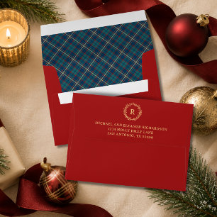 Tartan Plaid Monogram Wreath Red & Gold Christmas Envelope