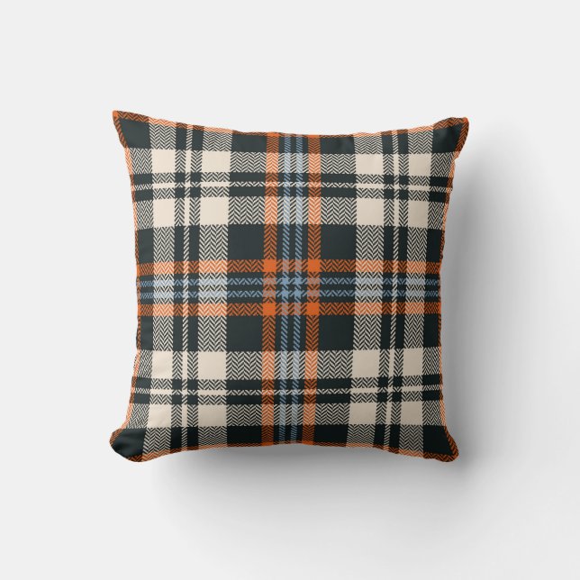Tartan plaid pattern autumn in black, orange, blue cushion (Front)