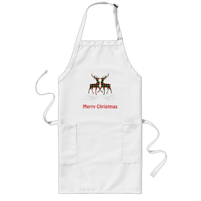 Tartan plaid pattern Christmas reindeer Long Apron (Front)